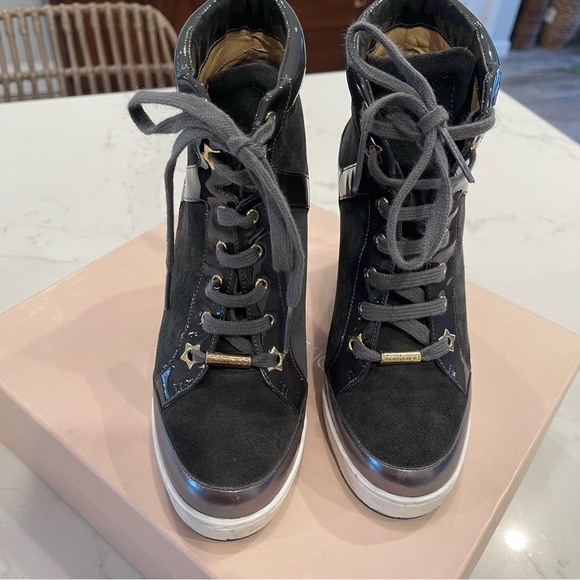 🎉HOST PICK🎉Jimmy Choo grey suede & pattern leather wedge Panama sneaker in box - Picture 9 of 16